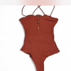 Windsor Rust Ribbed Bodysuit with Button Detail